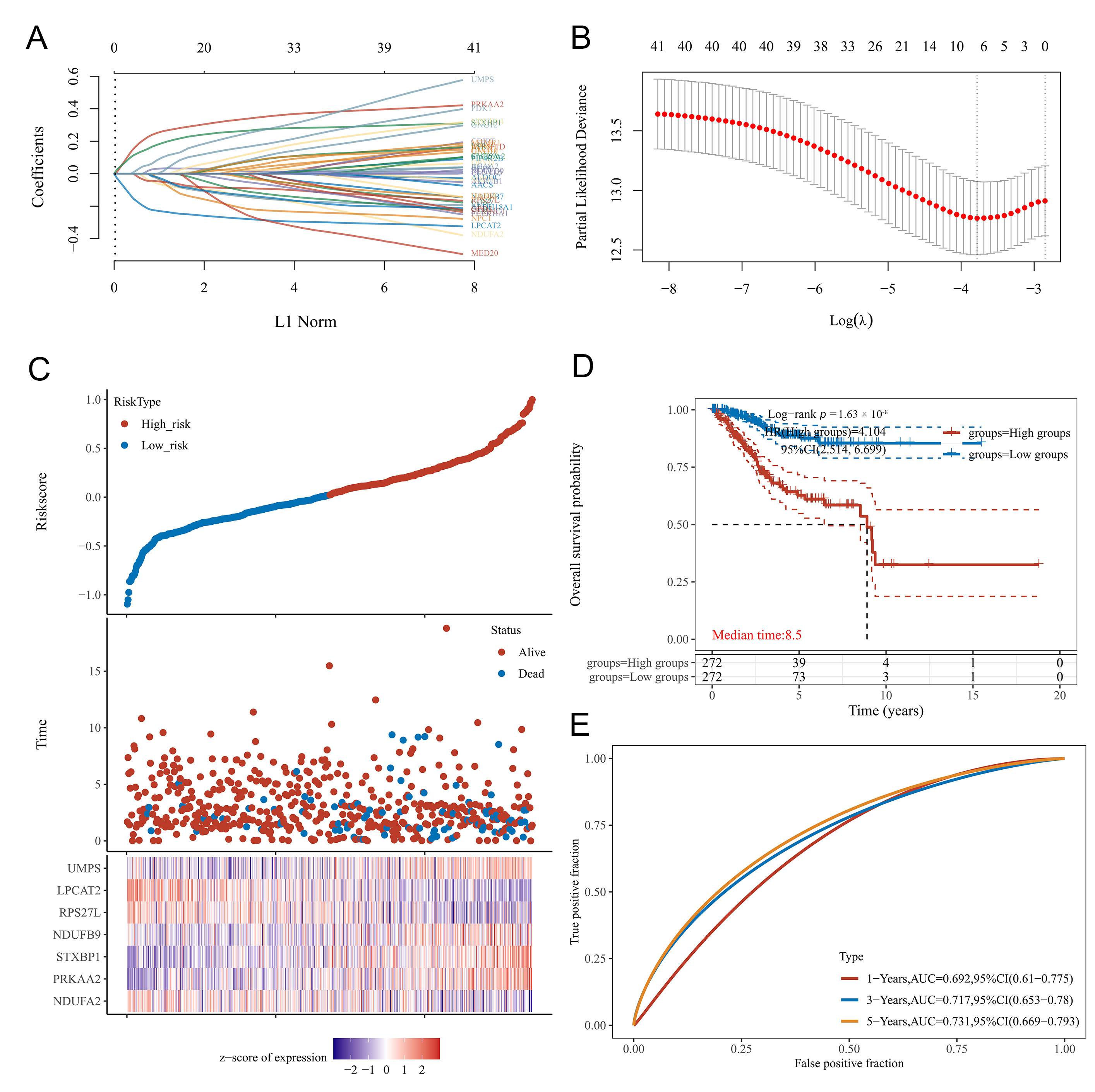 Construction of the immune-related metabolic gene prognostic
model in TCGA-UCEC datasets. (A) prognostic IRMGs were evaluated using LASSO
analysis and 10-fold cross validation. (B) Coefficient profile plots of 7
prognostic IRMGs. Vertical dashed lines are plotted at the best lambda. (C)
Distribution of risk score, survival status and 7 hub gene expression. (D)
Kaplan-Meier curves of overall survival between two risk groups in EC patients.
(E) Time-dependent receiver operational feature (ROC) curves analysis of the
prediction model. HR: Hazard Rate; AUC: Area Under the Curve; CI: Confidence Interval.
