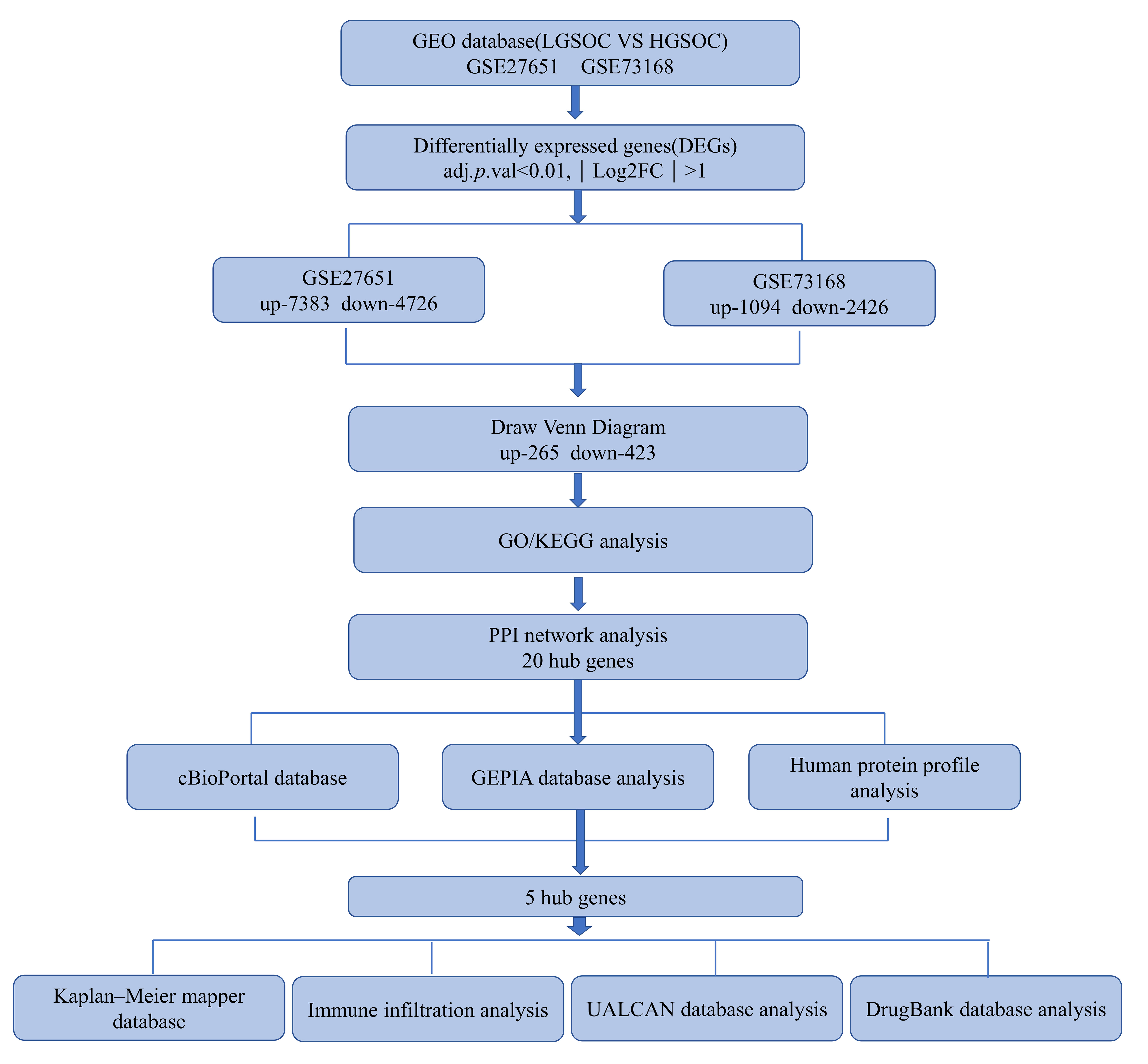 Flowchart showing the workflow for identifying
DEGs, analyzing GO/KEGG pathways, and identification and functional analysis of
hub genes. GEO: Gene Expression Omnibus; GO: Gene ontology; KEGG: Kyoto
Encylopedia of genes and genomes; PPI: Protein-protein interaction; GEPIA:
GeneExpression Profiling Interactive Analysis; UALCAN: university of Alabama at
Birmingham cancer data analysis portal.