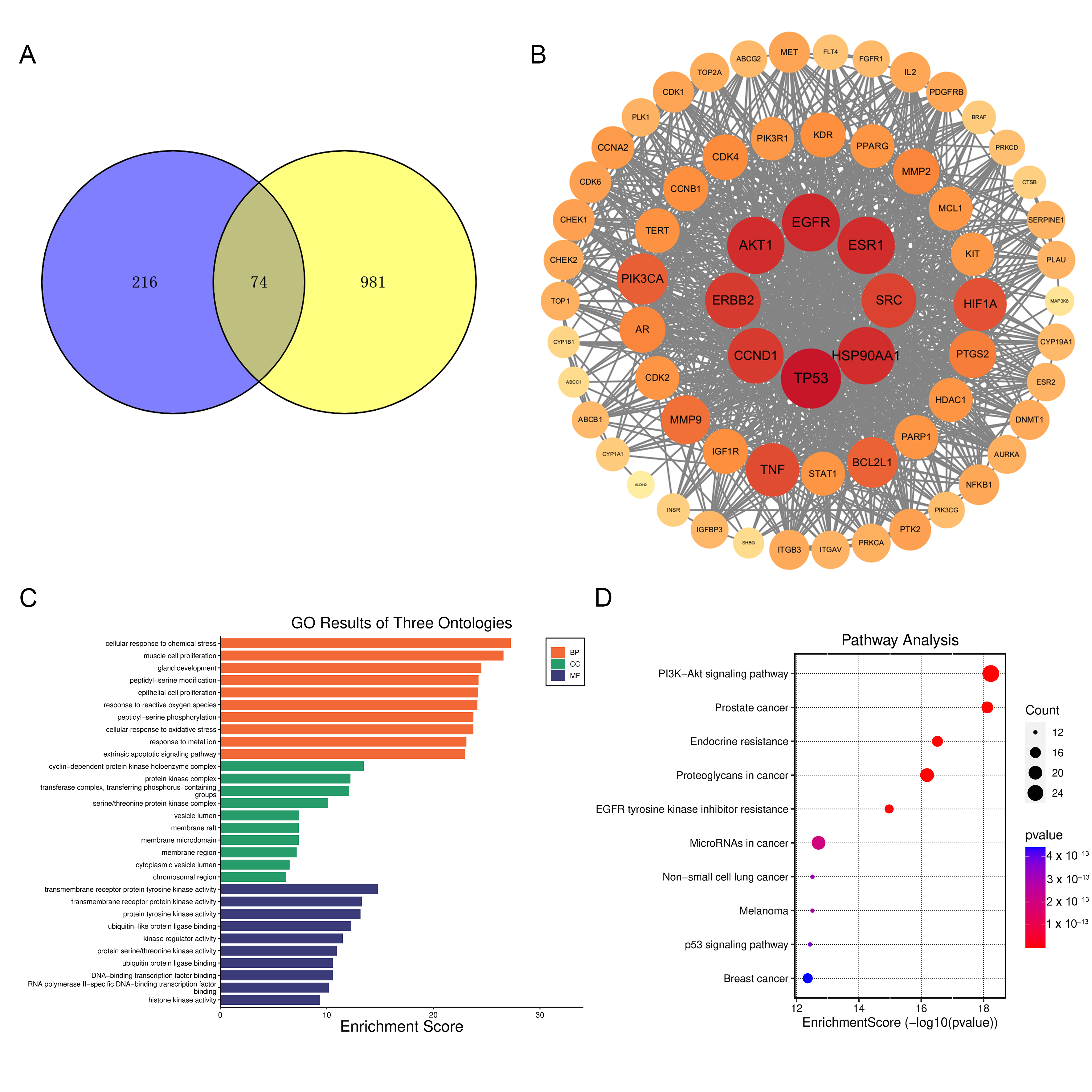 The protein-protein interaction (PPI) network, Gene Ontology (GO) and
Kyoto Encyclopedia of Genes and Genomes (KEGG) enrichment analysis of common
genes between Ecliptae Herba (EH) targets and ovarian cancer-associated
genes. (A) Venn diagram of EH targets (purple circle) and ovarian
cancer-associated genes (yellow circle). (B) The PPI network of common genes.
Bigger node sizes and darker red colors indicate association at a higher degree.
(C) GO enrichment analysis. Terms of biological processes (BP), cellular
components (CC) and molecular functions (MF) were analyzed. (D) KEGG pathways
enrichment analysis. The top 10 pathways with lower p-values were
visualized.