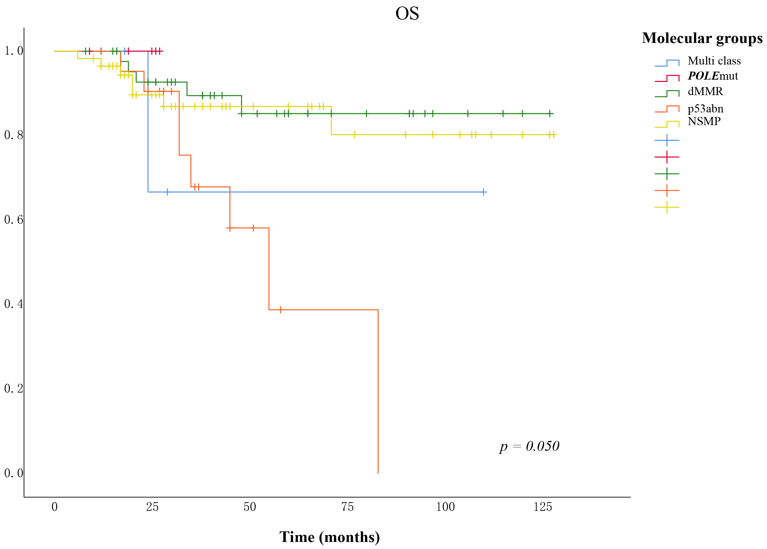 Kaplan-Meier survival curves by molecular groups among G3-EEC
patients for overall survival. Abbreviation: G3-EEC, grade 3 endometrioid
endometrial carcinoma; POLEmut, POLE mutation; dMMR, deficient
mismatch repair; p53abn, p53 abnormal; NSMP, nonspecific molecular profile; OS,
overall survival.