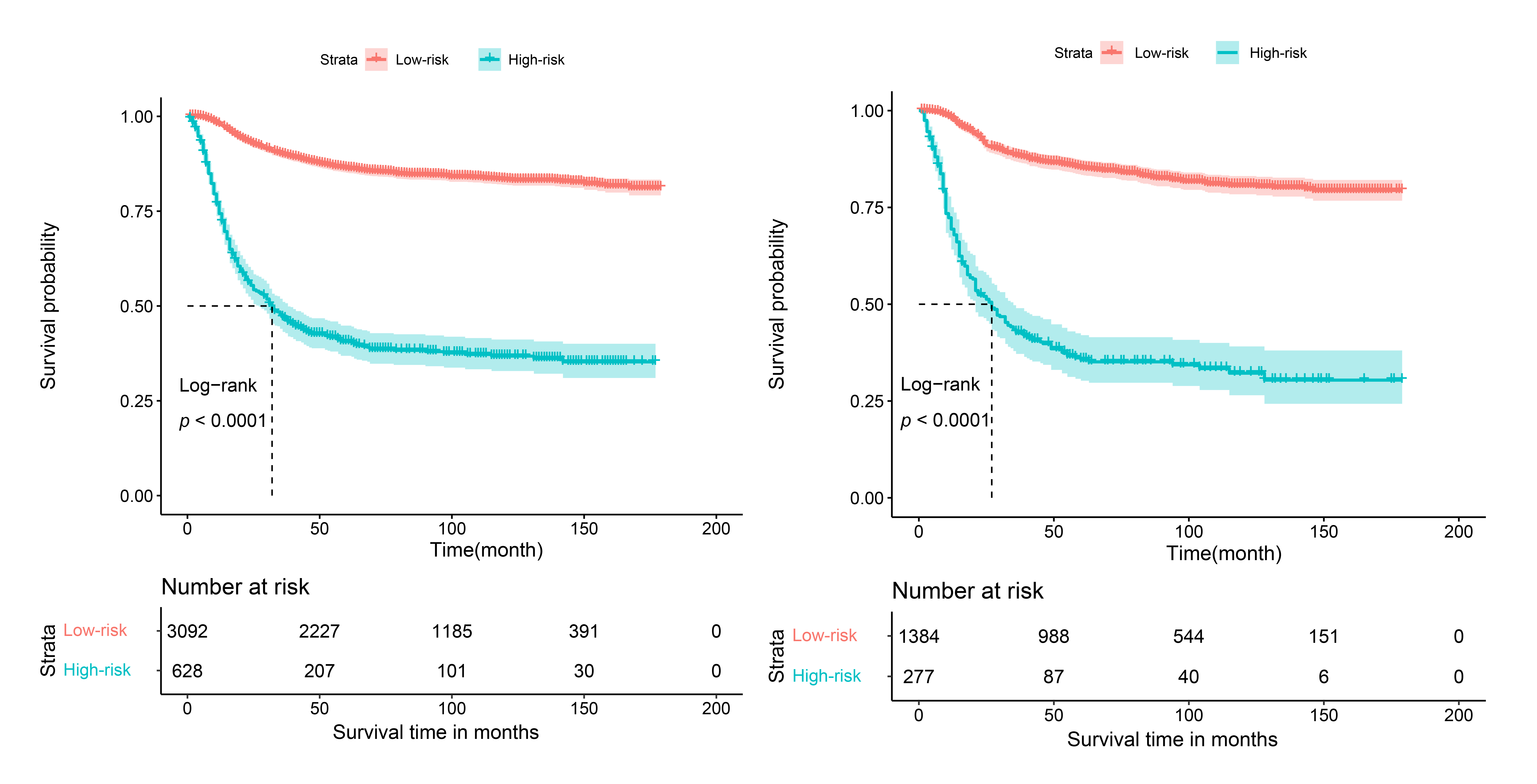 Kaplan-Meier curves for predicting the OS of EOCC patients in
the (A) training set and the (B) validation set.