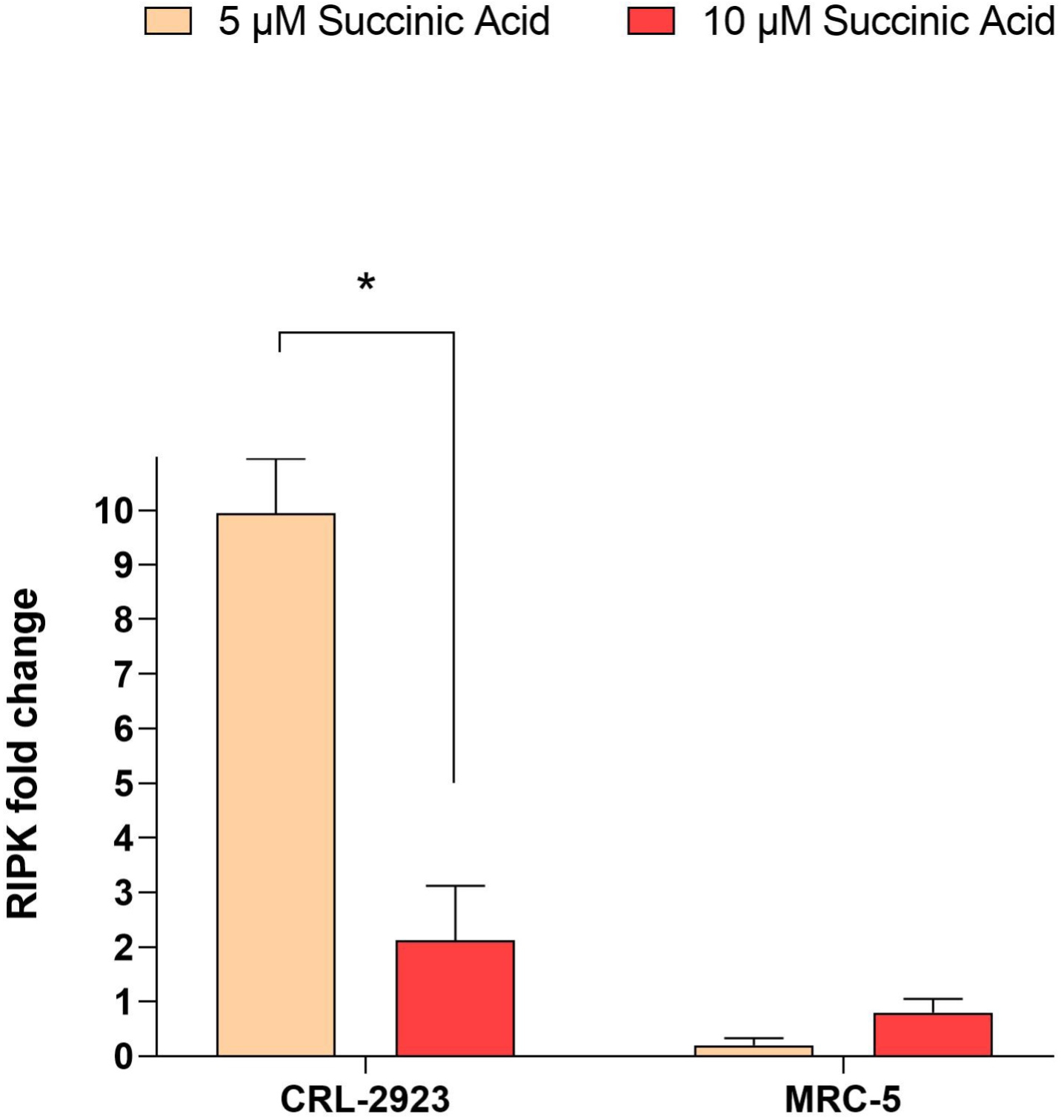 Comparison of RIPK gene expression in MRC-5 and 
CRL-2923 cells after succinic acid application.RIPK: 
Receptor-interacting serine/threonine kinase 1.*: signs a significant 
difference in meaning between the two groups (p < 0.05).