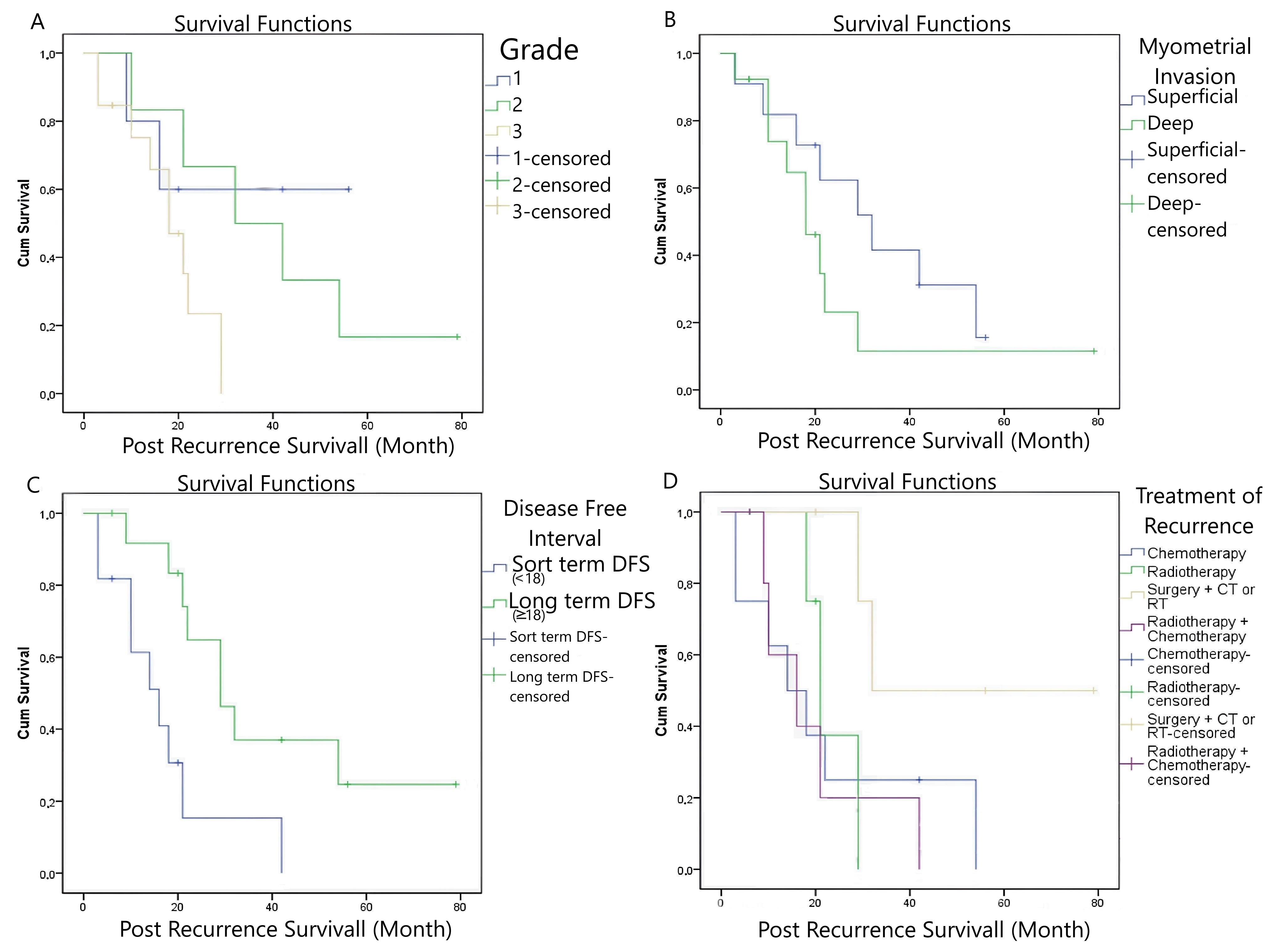 Kaplan-Meier analysis of post-recurrence survival according to
(A) grade, (B) myometrial invasion, (C) DFS duration and (D) recurrence
treatment. DFS: disease-free survival; RT: radiotherapy; CT: chemotherapy.
