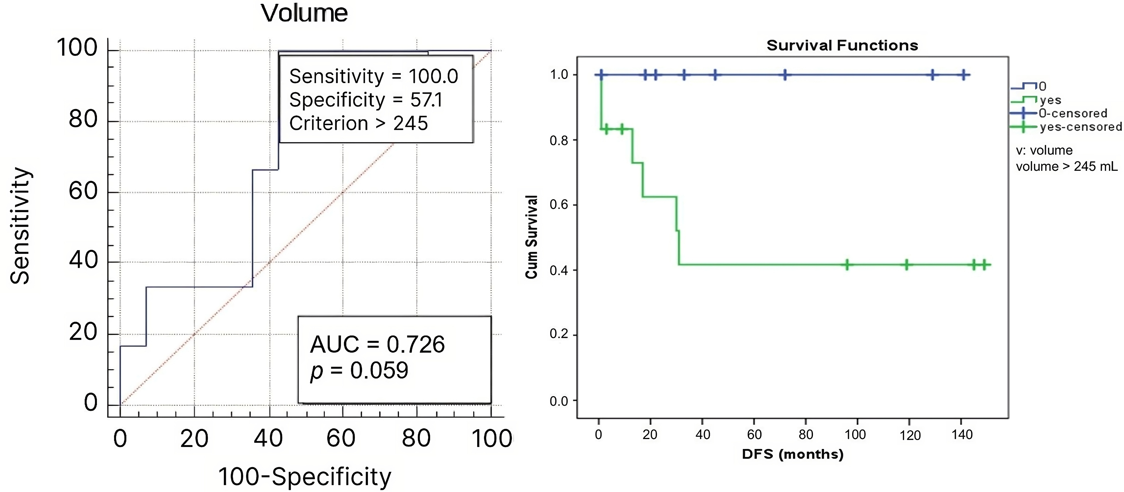 ROC curve relating tumor volume and recurrence, and survival 
curve demonstrating shorter disease free survival in patients with ovarian cancer 
and tumor volume >245 mL (Kaplan-Meier curves and log-rank test). AUC: Area 
Under the Curve; DFS: disease-free survival.