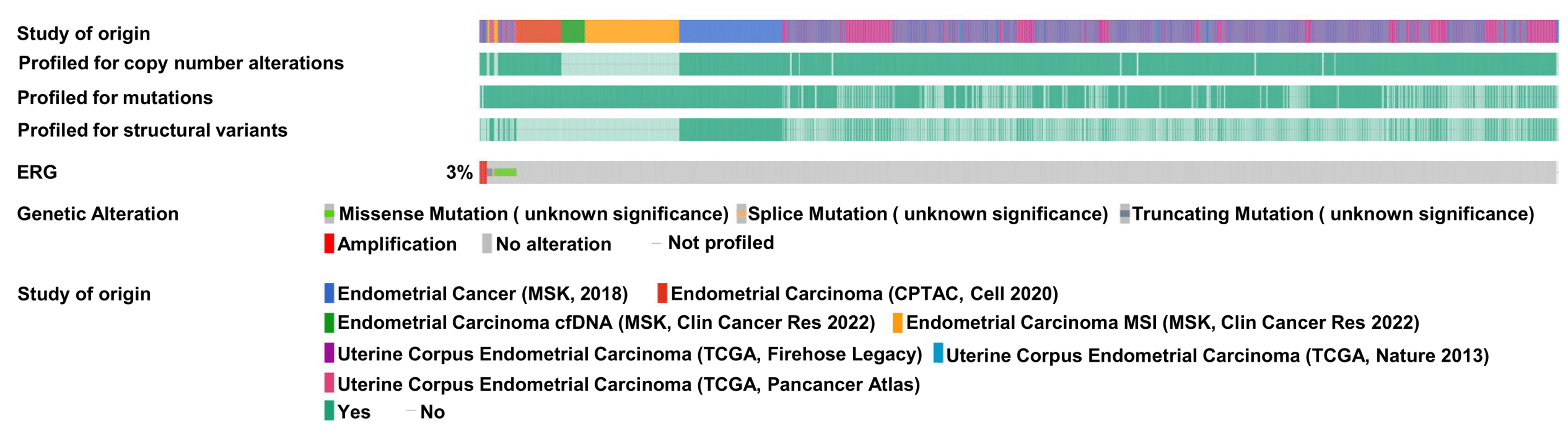 Frequency of ERG mutations in patients with endometrial
carcinoma determined using the cBioPortal database. The different colours of the
modules represent the types of mutations and the research related to ERG in
endometrial cancer. ERG: erythroblast transformation-specific-related
gene; TCGA: The Cancer Genome Atlas.