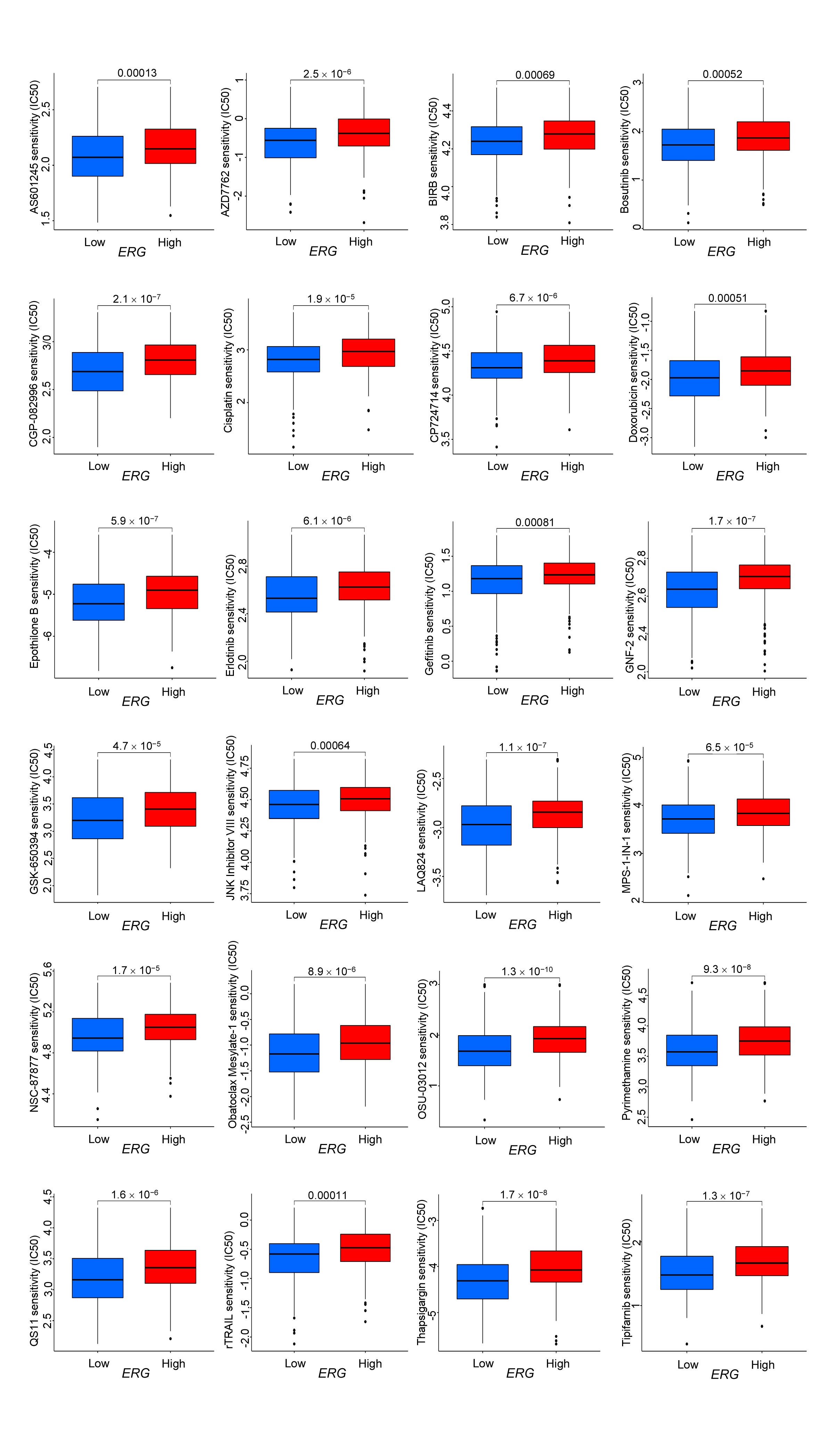IC50 values of 24 drugs in the high- and low-ERG
expression groups. High expression and low expression are indicated by red and
blue, respectively (p < 0.001). ERG: erythroblast
transformation-specific related gene.