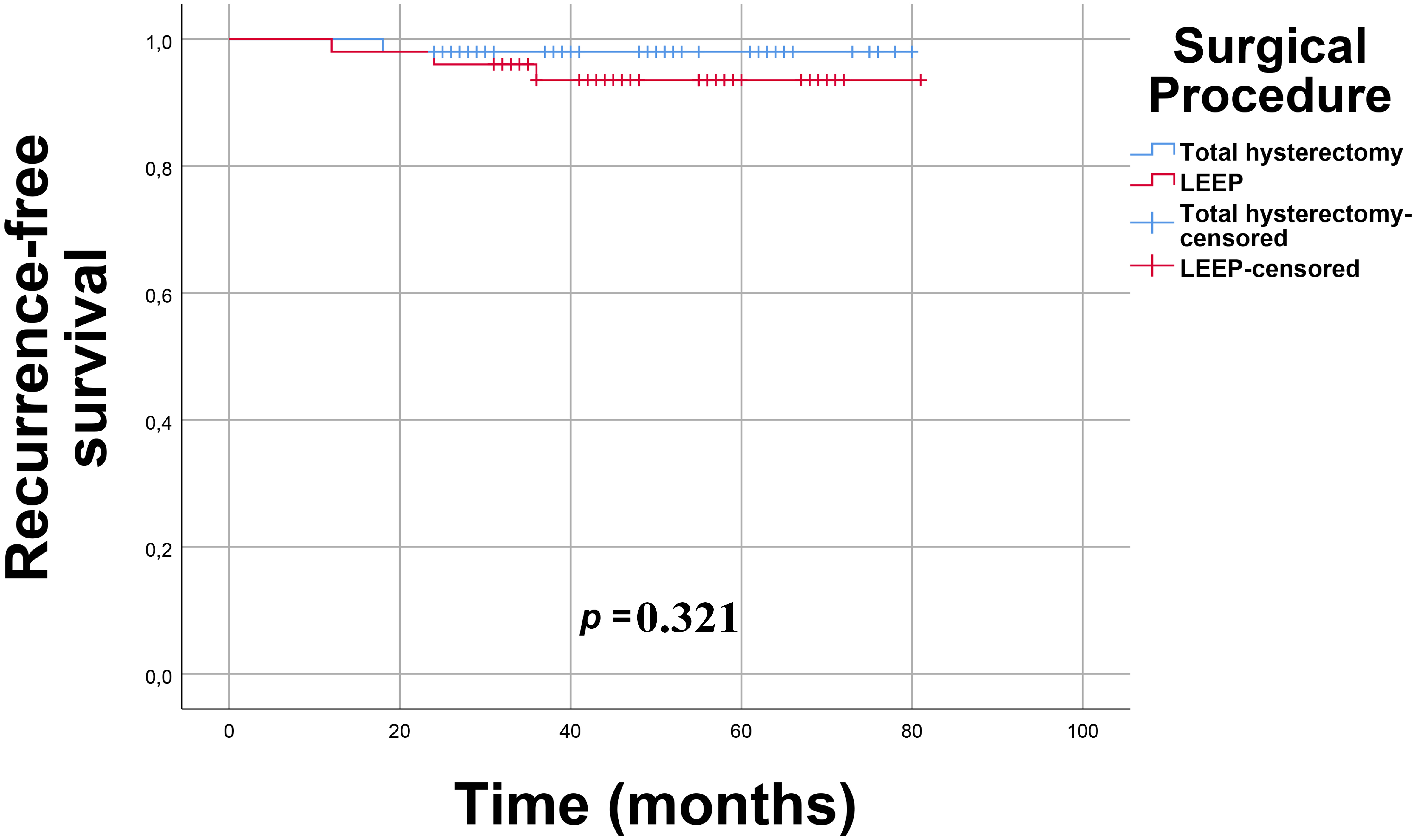 Recurrence-free survival rates with operation procedure. LEEP:
loop electrosurgical excision procedure.