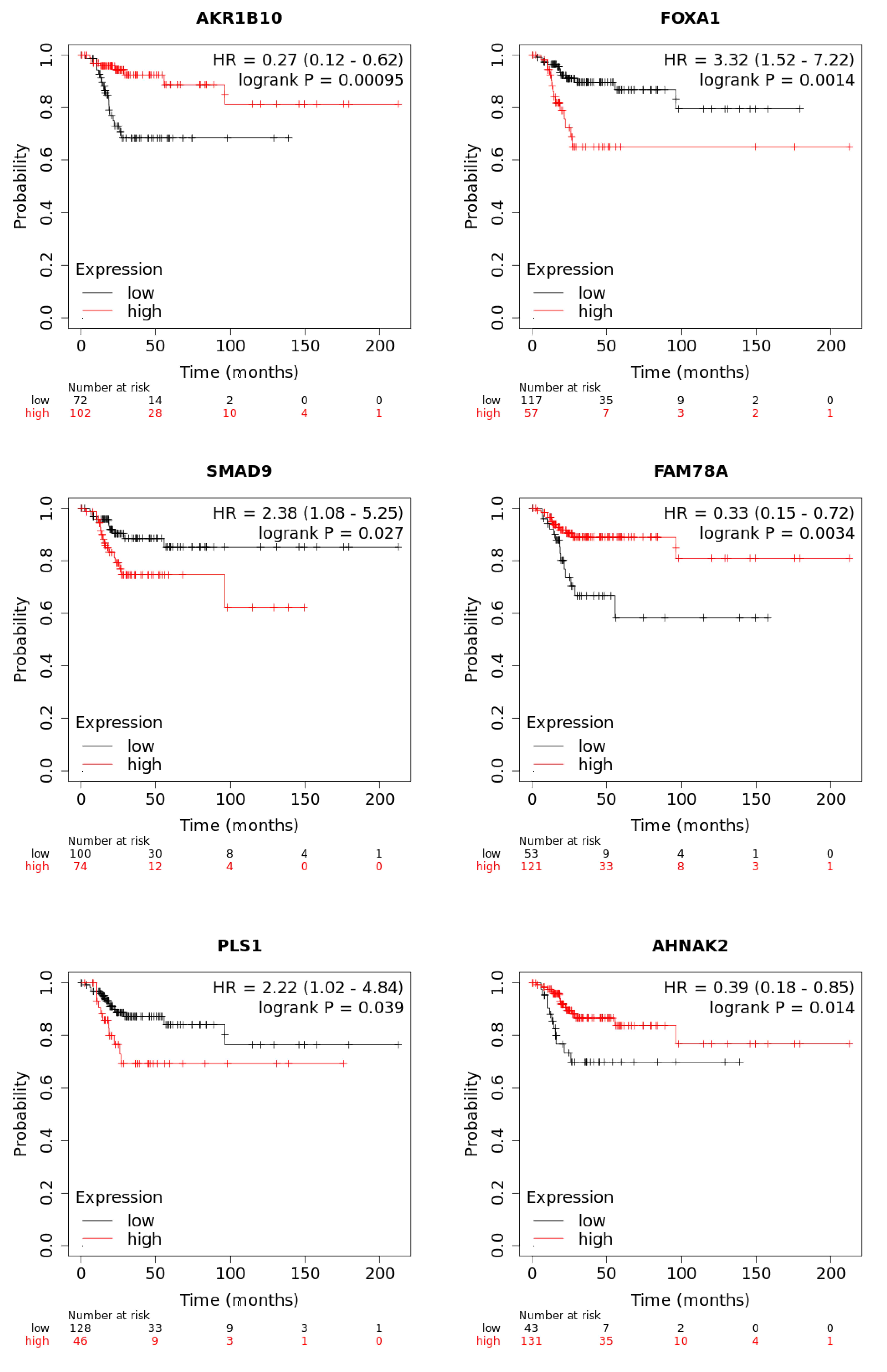 Recurrence-free survival curves obtained utilizing Kaplan-Meier
plotter in patients with cervical squamous cell carcinoma (n = 174) according to
the mRNA expression levels of the E7-specific DEGs. HR: hazard ratio;
AKR1B10: aldo-keto reductase family 1 member B10; FOXA1:
forkhead box A1; SMAD9: SMAD family member 9; FAM78A: family
with sequence similarity 78 member A; PLS1: plastin 1; AHNAK2:
AHNAK nucleoprotein 2.