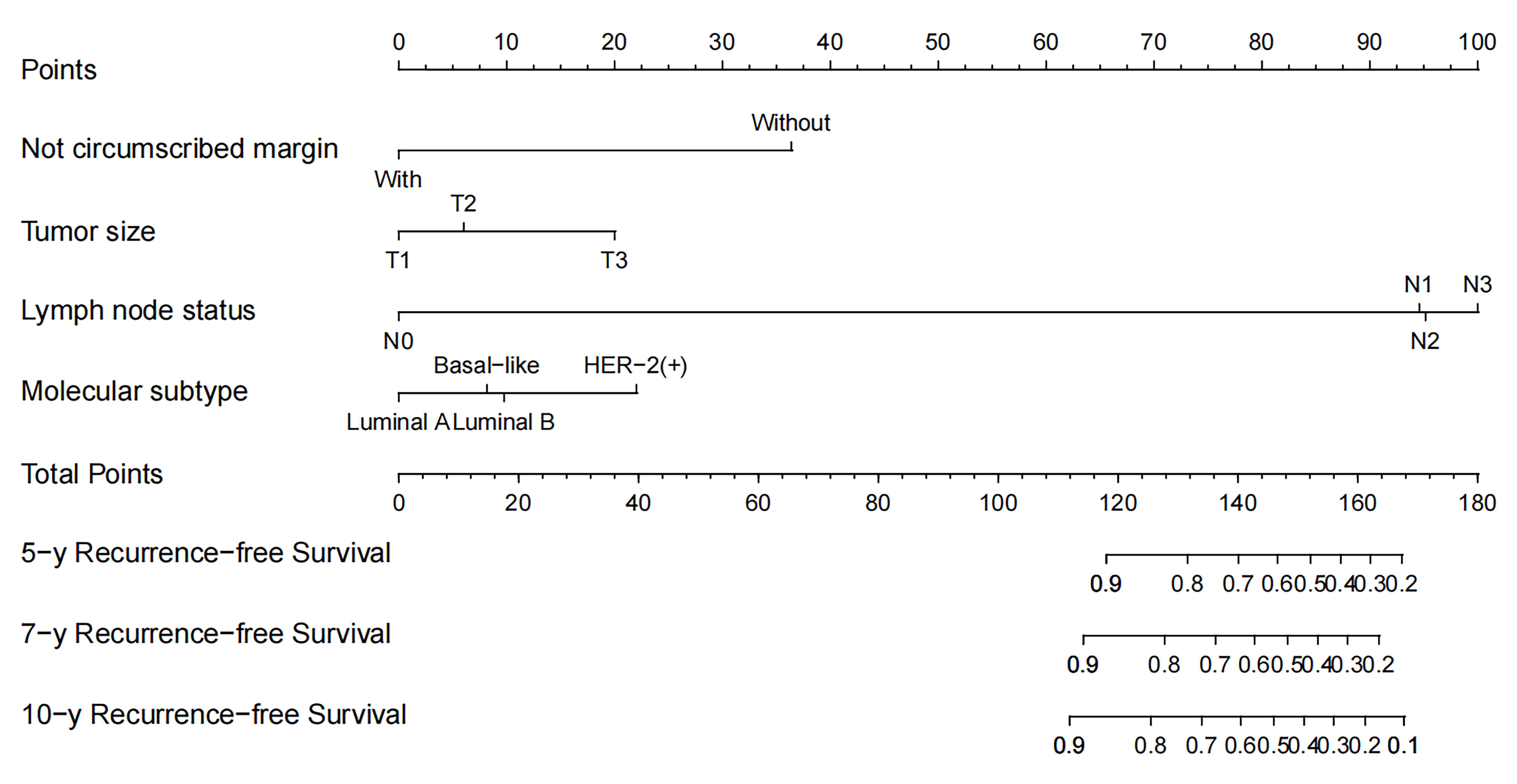 A nomogram for predicting 5-, 7- and 10-year PFS in BC patients
based on four independent prognostic factors: non-circumscribed margin, tumor
size, lymph node status and molecular subtype. HER-2: human epidermal growth
factor receptor 2.