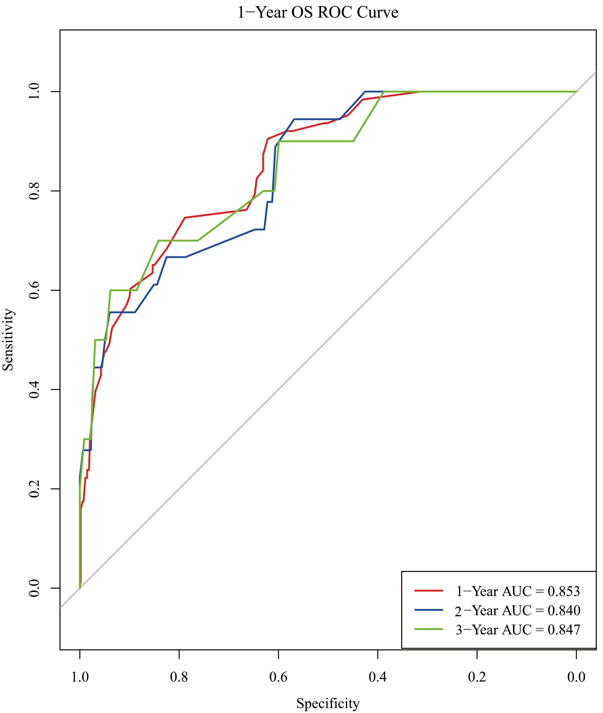 ROC curves for predicting 1-year, 2-year and 3-year OS using the
model. OS: overall survival; AUC: area under the curve; ROC: Receiver Operating
Characteristic.