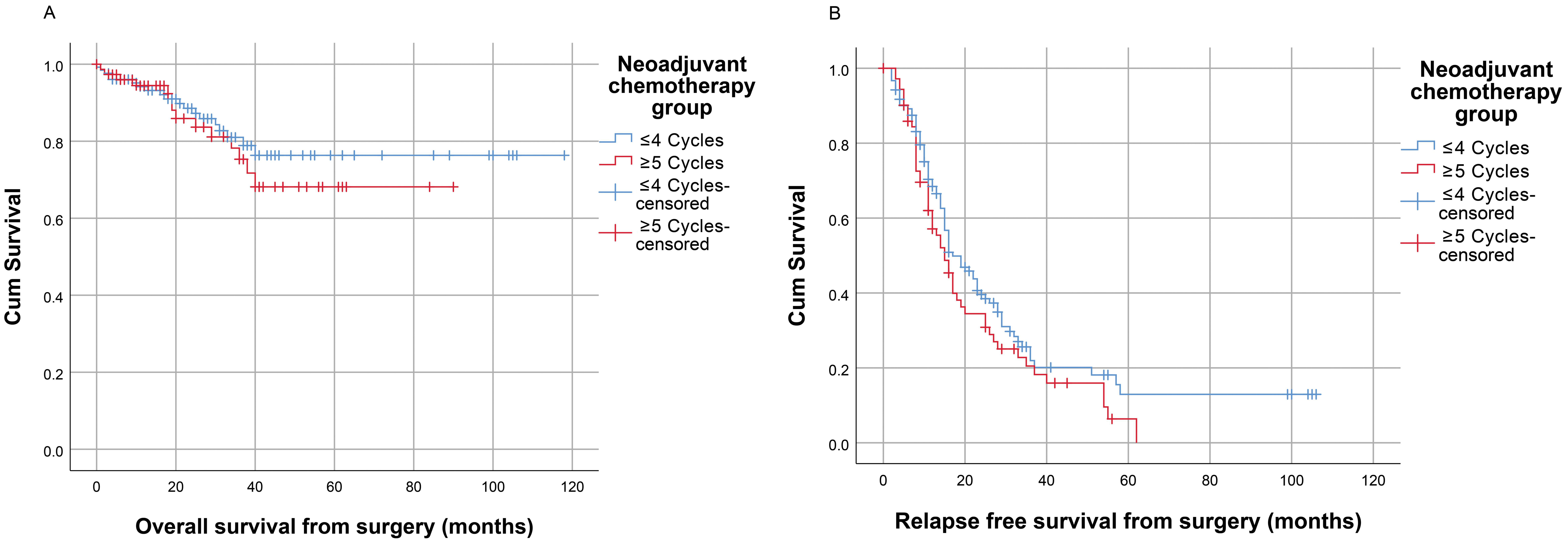 Kaplan-Meier curve. (A) Comparison of overall survival between
short and long course neoadjuvant chemotherapy. (B) Comparison of relapse free
survival between short and long course neoadjuvant chemotherapy.