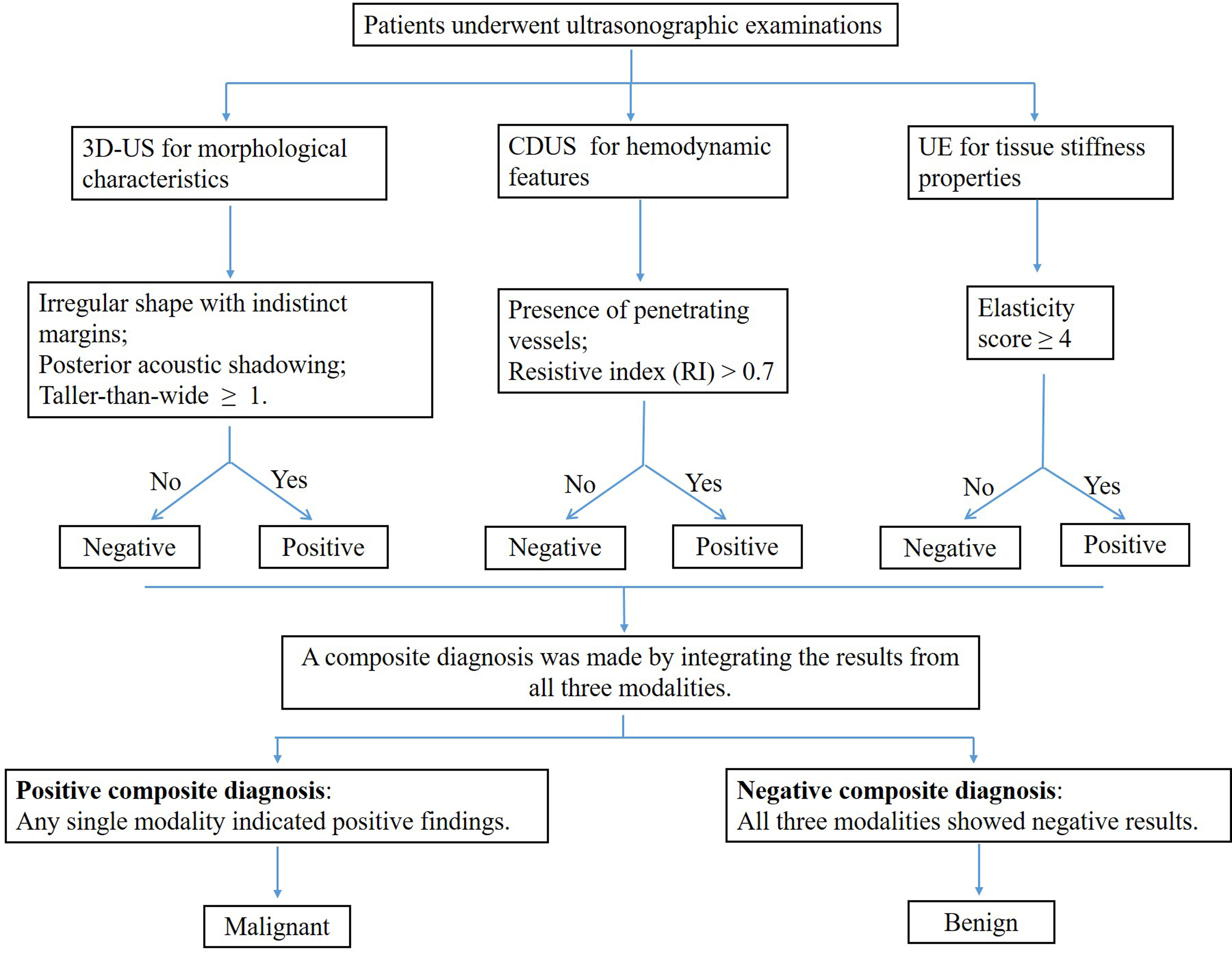 Schematic diagram of the multimodal diagnostic workflow. 3D-US: 
Three-Dimensional Ultrasound; CDUS: Color Doppler ultrasound; UE: Ultrasound 
Elastography.