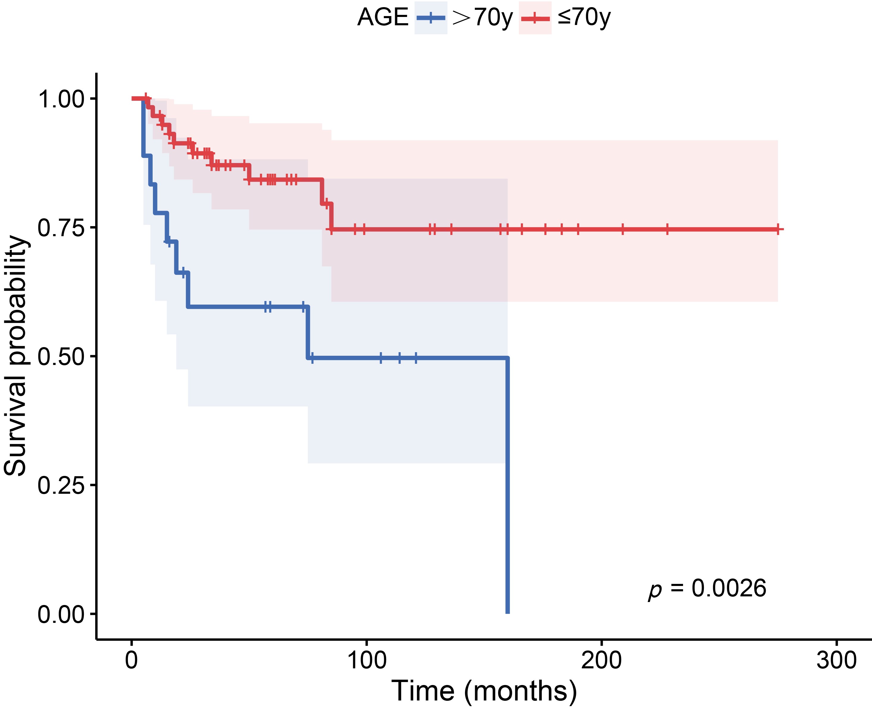 Kaplan-Meier survival analysis of overall survival (OS)
stratified by age groups. Patients aged >70 years (n = 18, blue line)
exhibited significantly worse OS compared to those aged ≤70 years (n = 61,
red line) (p = 0.0026, log-rank test). Survival probability (ranging
from 0.00 to 1.00) was plotted against follow-up time (0–300 months). The
analysis highlights the prognostic impact of age (cutoff: 70 years) on survival
outcomes.