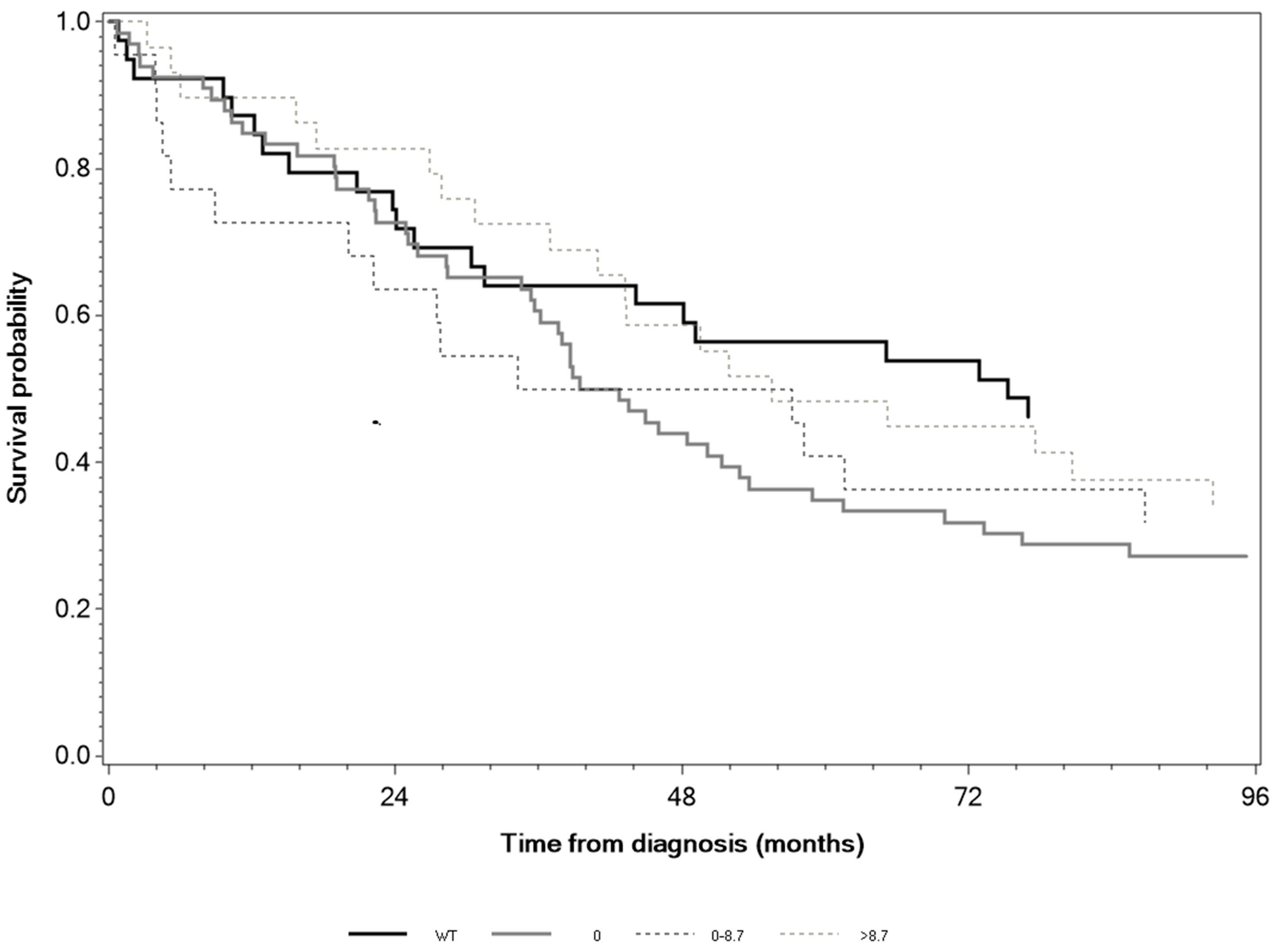 Kaplan-Meier analyses of p53 activity. (N = 163, log rank
p = 0.01 for 0 activity, p = 0.10 for activity >0 up to 8.7,
p = 0.18 for activity >8.7, all versus WT). The number of samples in
each stratum is given in Table 1. WT: Wild-type.
